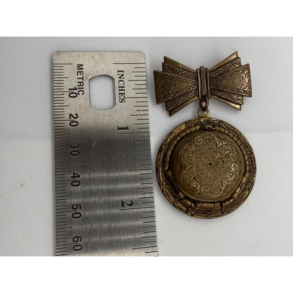 Antique Sweetheart Bow Brooch Four Folding Multi Photo Locket Pin Floral Gift